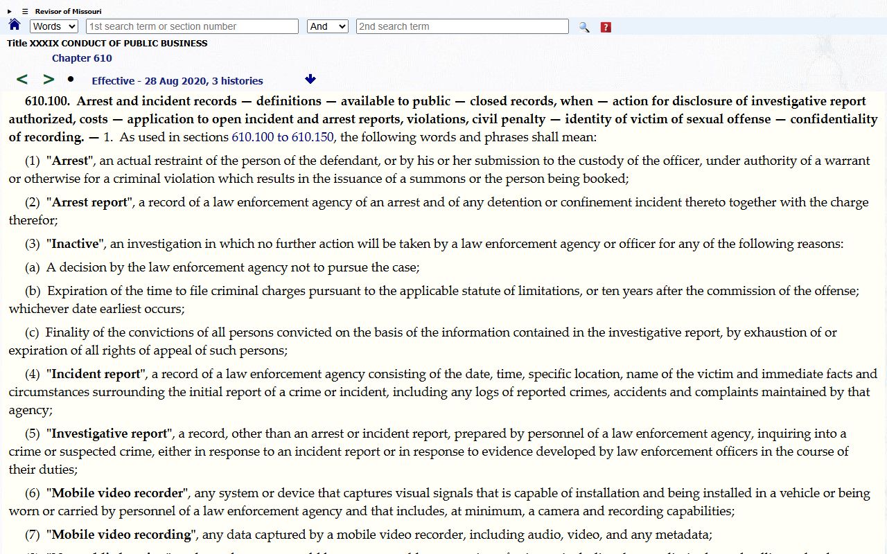 Worth County criminal court records Missouri law enforcement records statute
