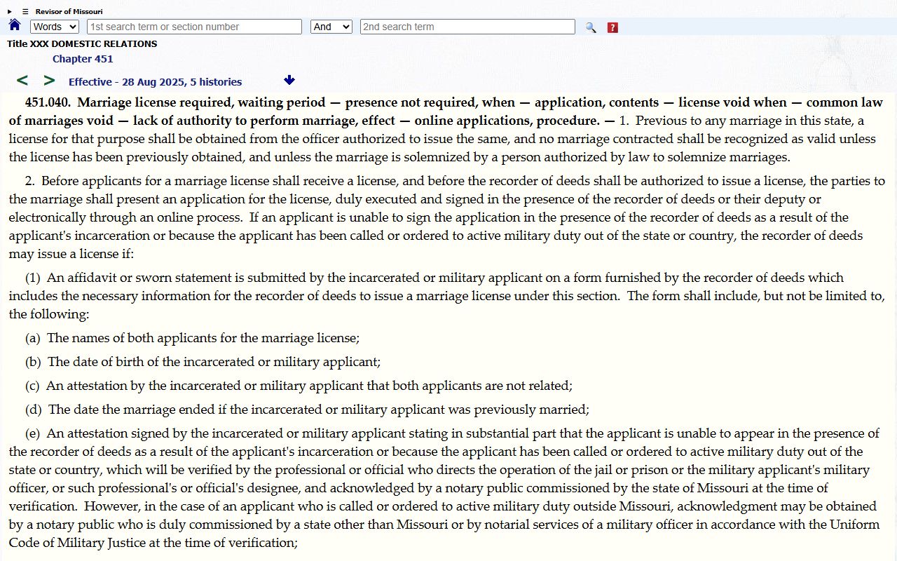 Worth County marriage and divorce records Missouri marriage license statute